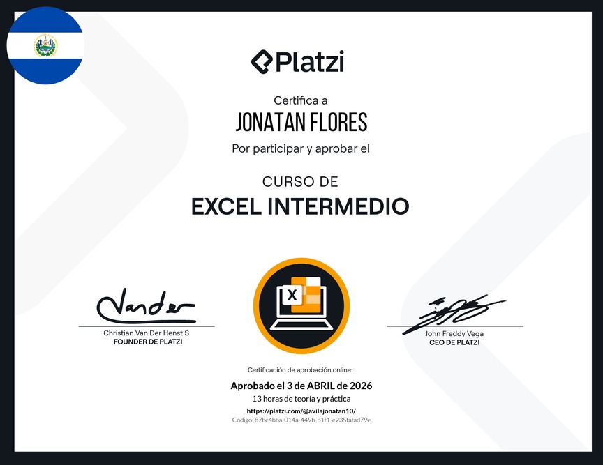 Diploma del Curso de Excel Intermedio