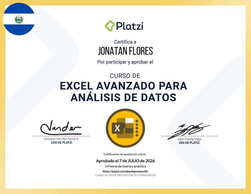 Diploma del Curso de Excel Avanzado para Análisis de Datos