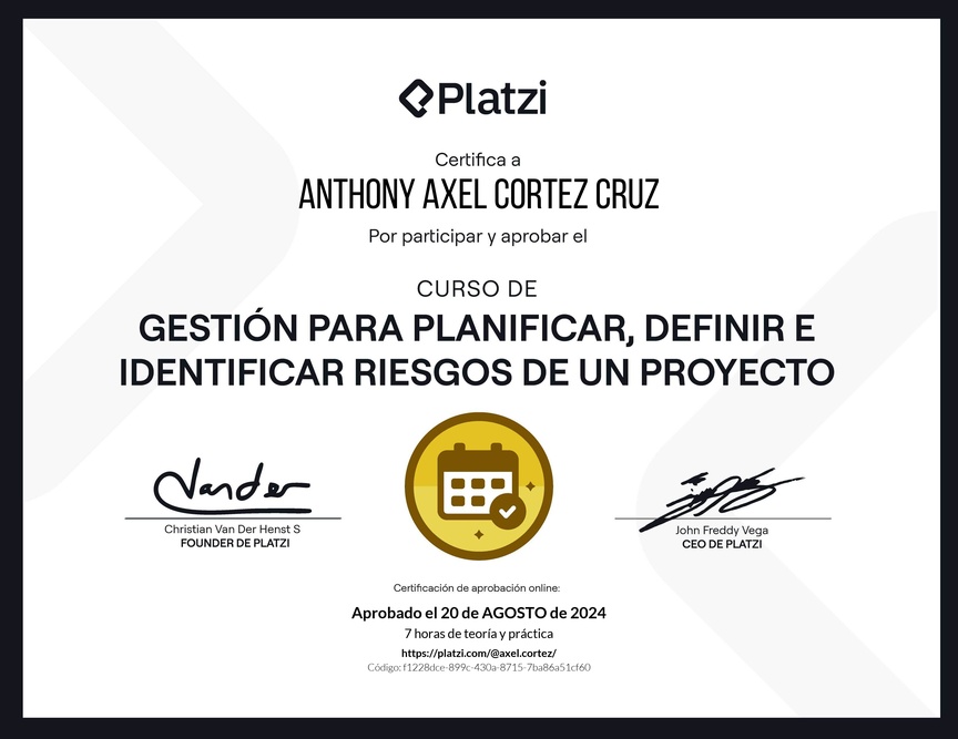 Diploma del Curso de Gestión para Planificar, Definir e Identificar Riesgos de un Proyecto