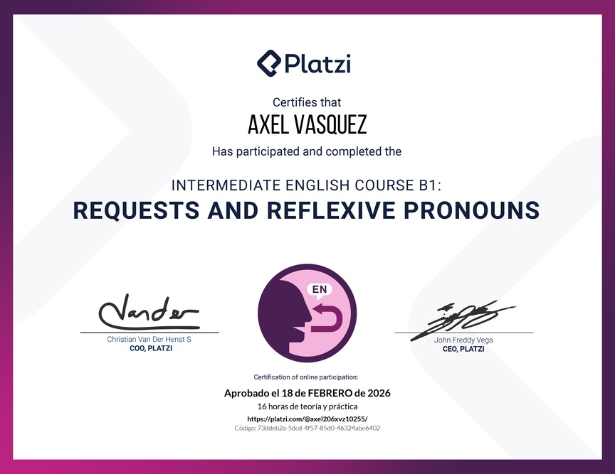 Diploma del Curso de Inglés Intermedio B1: Solicitudes y Pronombres Reflexivos