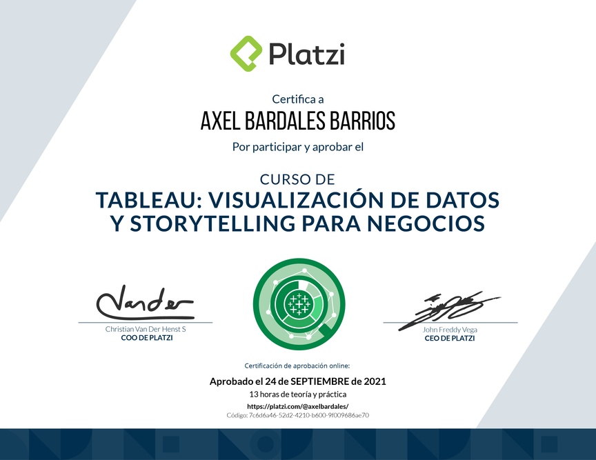 Diploma del Curso de Tableau: Visualización de Datos y Storytelling para Negocios