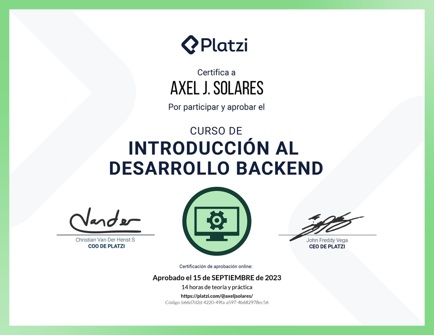 Diploma del Curso de Introducción al Desarrollo Backend