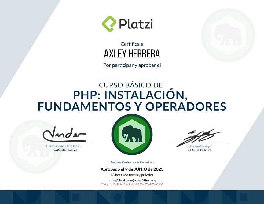 Diploma del Curso Básico de PHP: Instalación, Fundamentos y Operadores