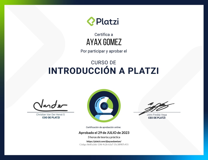 Diploma del Curso de Introducción a Platzi 🇨🇱