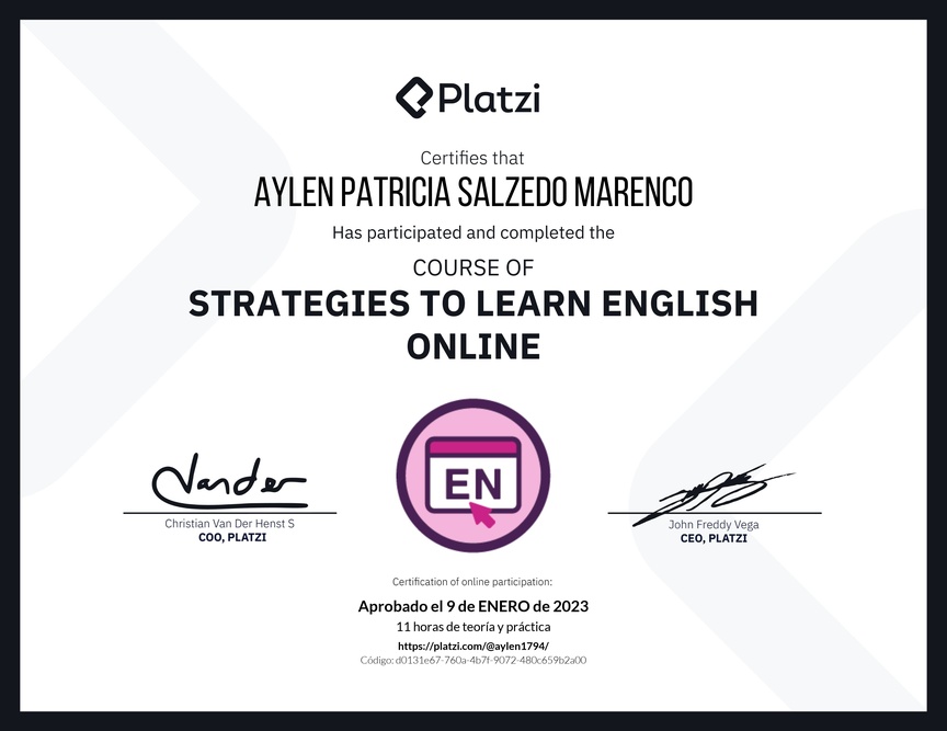 Diploma del Curso Gratis de Estrategias para Aprender Inglés en Línea