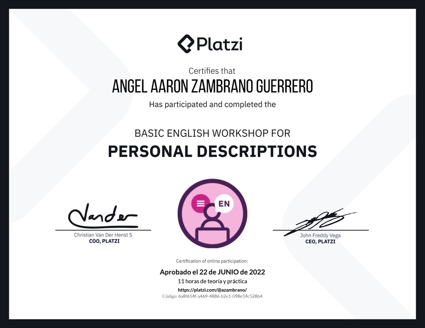 Diploma del Curso de Inglés Práctico para Descripciones Personales (2020=