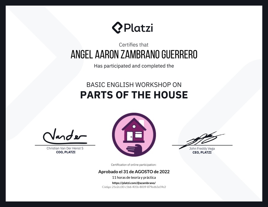Diploma de Taller de Inglés Básico sobre las Partes de la Casa (2022)