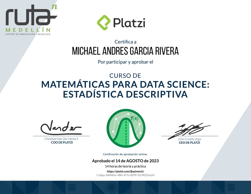 Diploma del Curso de Matemáticas para Data Science: Estadística Descriptiva
