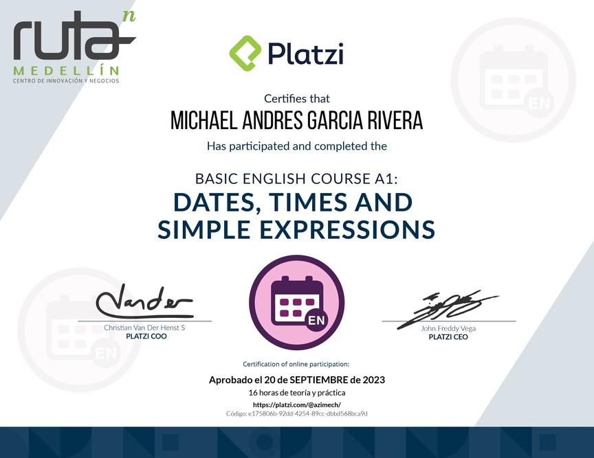 Diploma del Curso de Inglés Básico A1: Fechas, Horas y Expresiones Simples
