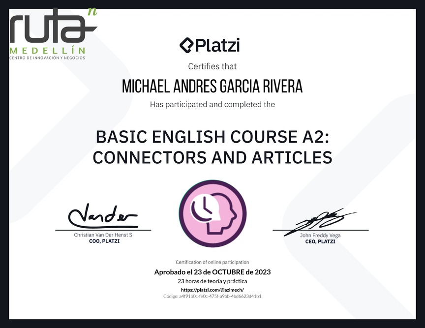 Diploma del Curso de Inglés Básico A2: Conectores y Artículos