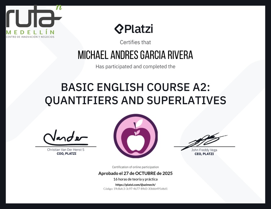 Diploma del Curso de Inglés Básico A2: Cuantificadores y Superlativos