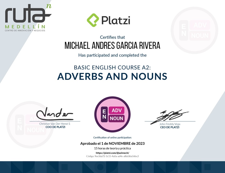 Diploma del Curso de Inglés Básico: Adverbios y Sustantivos (2021)