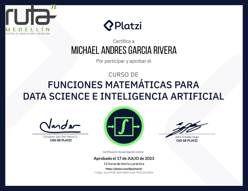 Diploma del Curso de Funciones Matemáticas para Data Science e Inteligencia Artificial