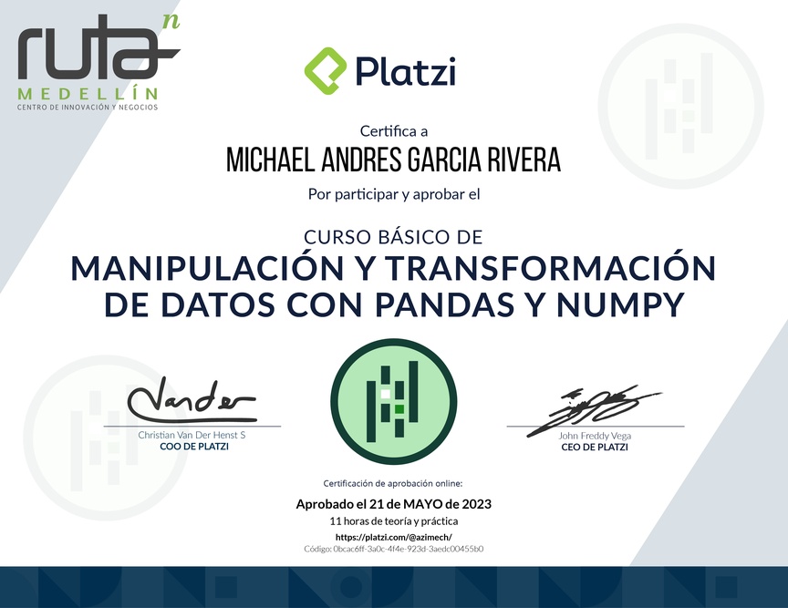Diploma del Curso de Manipulación y Transformación de Datos con Pandas y NumPy