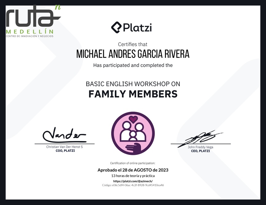 Diploma del Curso de Inglés Práctico sobre los Miembros de la Familia