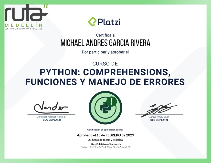 Diploma del Curso de Python: Comprehensions, Funciones y Manejo de Errores