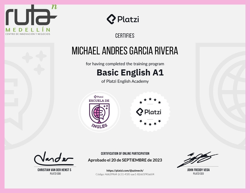 Diploma de la Ruta de Aprendizaje de Inglés Básico A1