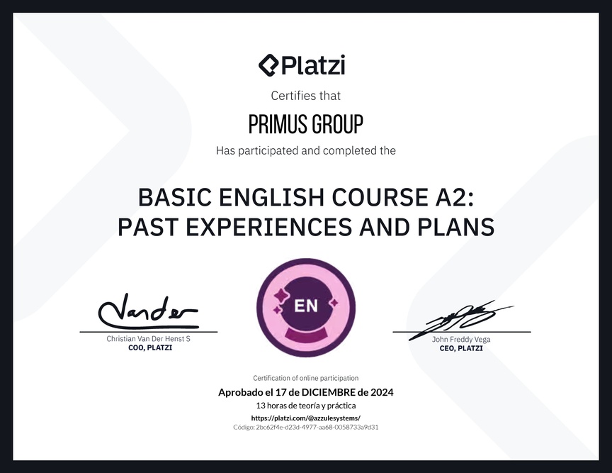 Diploma del Curso de Inglés Básico A2: Experiencias Pasadas y Planes