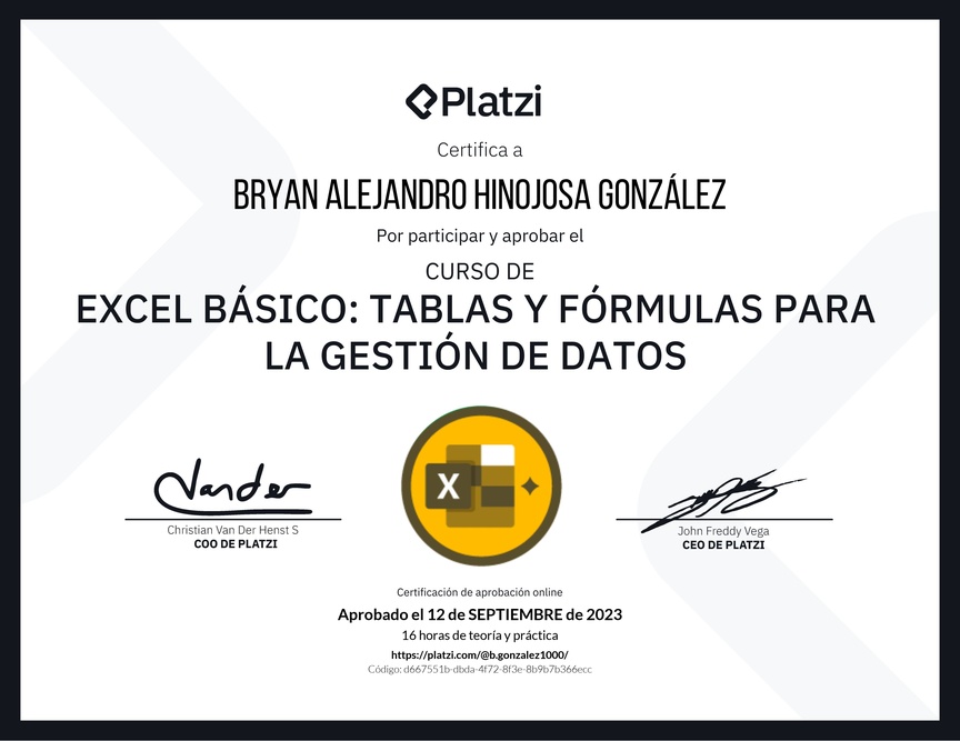 Diploma del Curso de Excel Básico: Tablas y Fórmulas para la Gestión de Datos