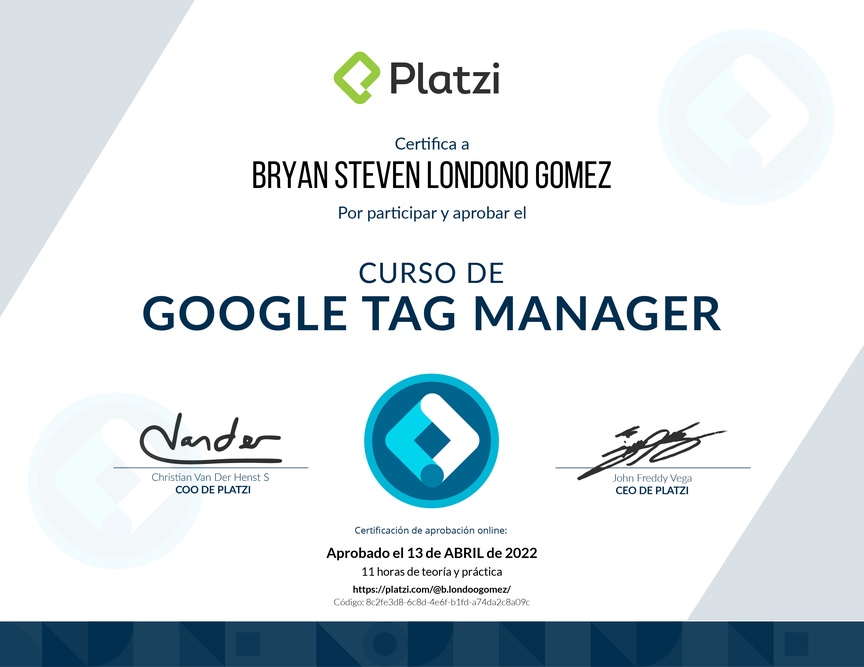 Diploma del Curso de Introducción a Google Tag Manager 📃