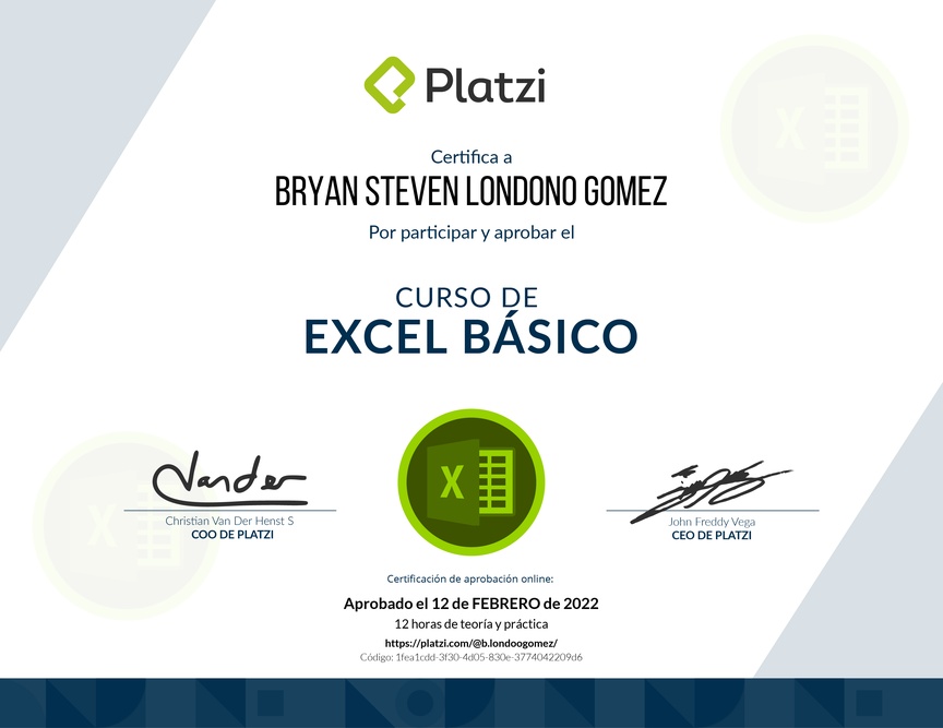 Diploma del Curso de Excel Básico