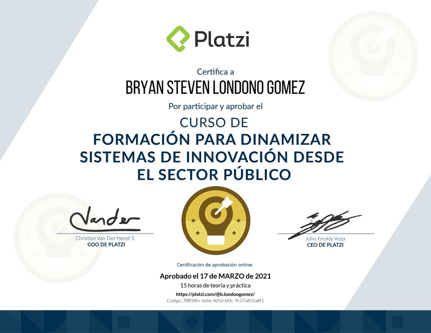 Diploma del Curso de Formación para Dinamizar Sistemas de Innovación desde el Sector Público