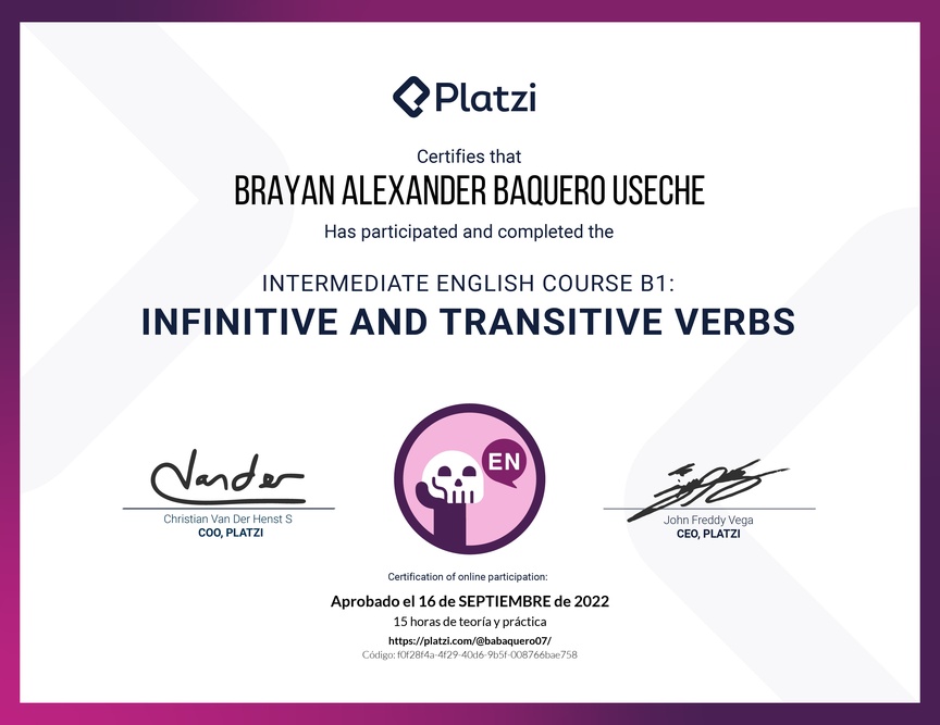 Diploma del Curso de Inglés Intermedio B1: Verbos Infinitivos y Transitivos (2021)