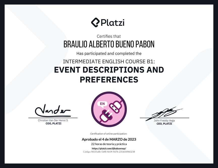 Diploma del Curso de Inglés Intermedio B1: Descripción de Eventos y Preferencias