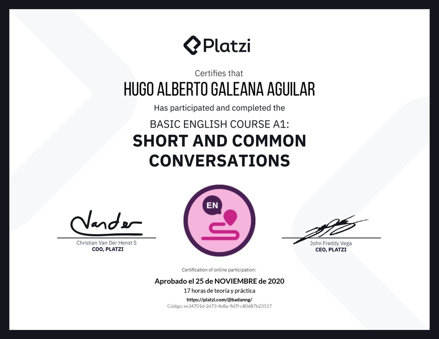 Diploma del Curso de Inglés Básico A1: Conversaciones Cortas y Habituales (2020)