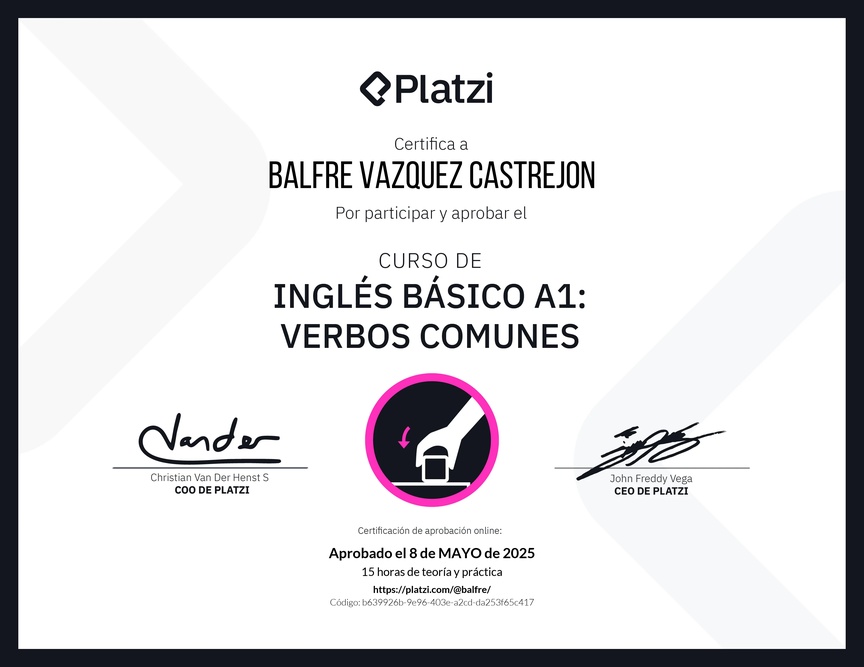 Diploma del Curso de Inglés Básico A1: Verbos Comunes