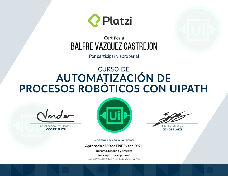 Diploma del Curso de Automatización de Procesos RPA con UiPath