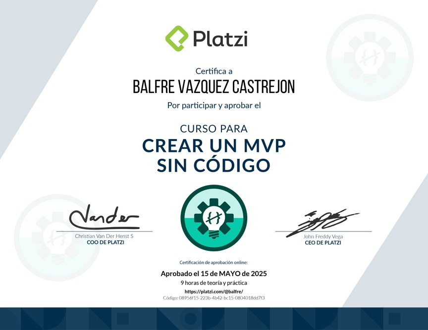 Diploma del Curso para Crear un MVP sin Código