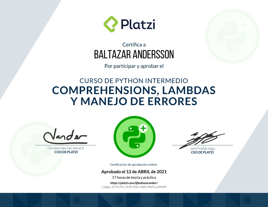 Diploma del Curso de Python Intermedio: Comprehensions, Lambdas y Manejo de Errores