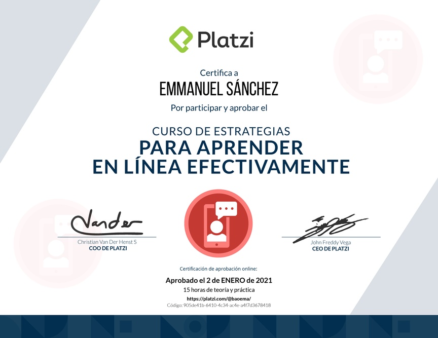 Diploma del Curso de Estrategias para Aprender en Línea Efectivamente 2019