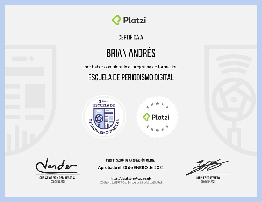 Diploma de la Ruta de Aprendizaje de Periodismo Digital