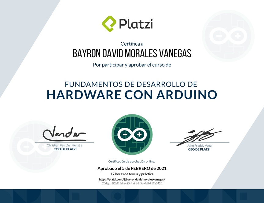 Diploma del Curso Fundamentos de Desarrollo de Hardware con Arduino