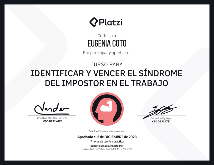 Diploma del Curso para Identificar y Vencer el Síndrome del Impostor