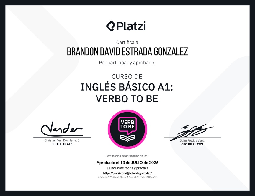 Diploma del Curso de Inglés Básico A1: Verbo To Be