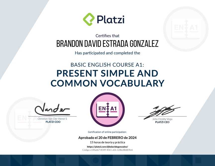 Diploma del Curso de Inglés Básico A1: Presente Simple y Vocabulario Común (2021)