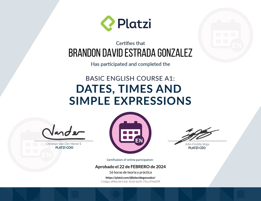 Diploma del Curso de Inglés Básico A1: Fechas, Horas y Expresiones Simples
