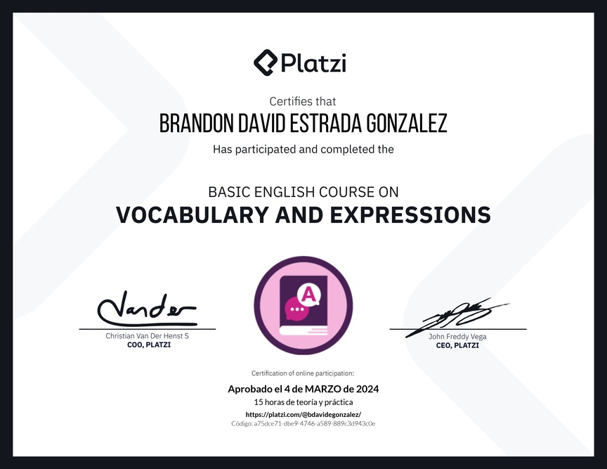 Diploma del Curso Básico de Vocabulario y Expresiones en Inglés