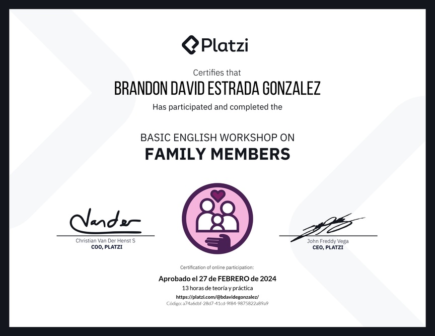 Diploma del Curso de Inglés Práctico sobre los Miembros de la Familia