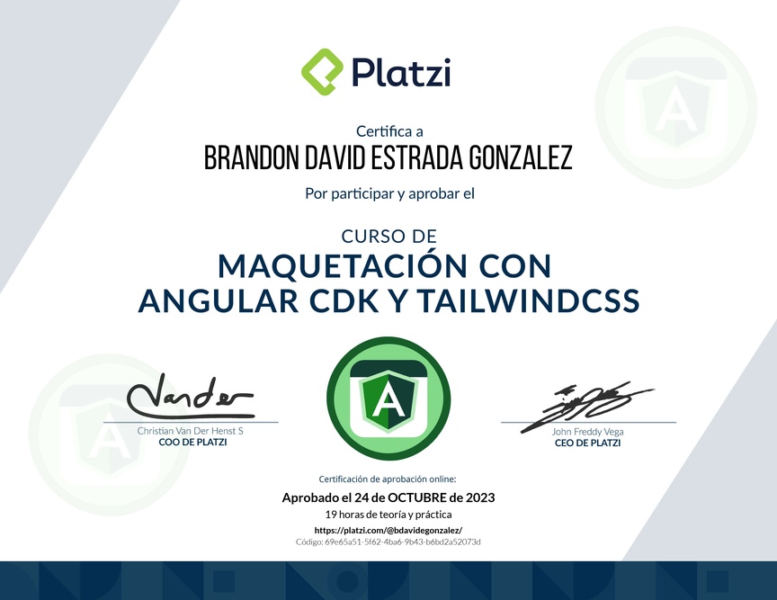 Diploma del Curso de Maquetación con Angular CDK y Tailwind CSS