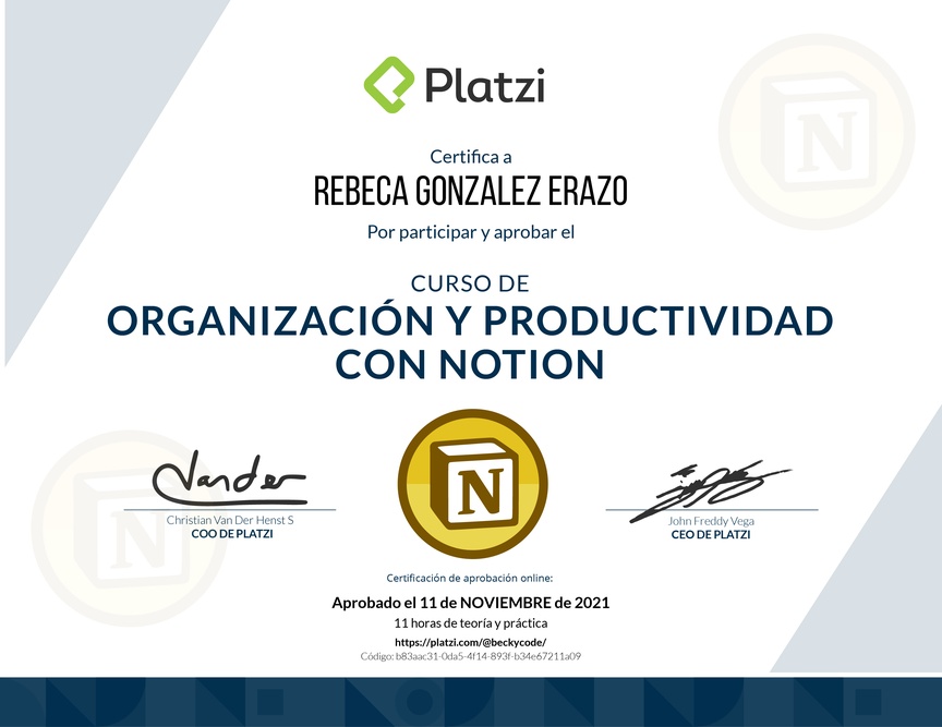 Diploma del Curso de Organización y Productividad con Notion (2021)