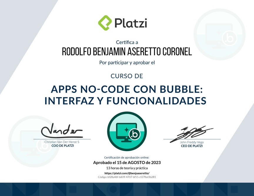 Diploma del Curso de Apps No-code con Bubble: Interfaz y Funcionalidades