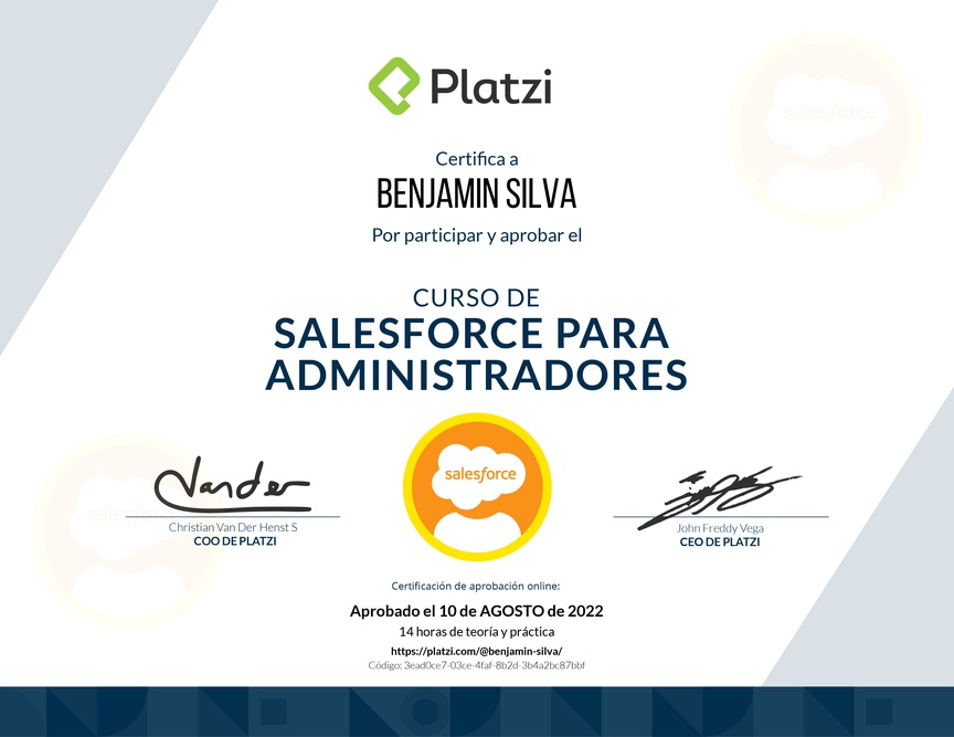 Diploma del Curso de Salesforce para Administradores