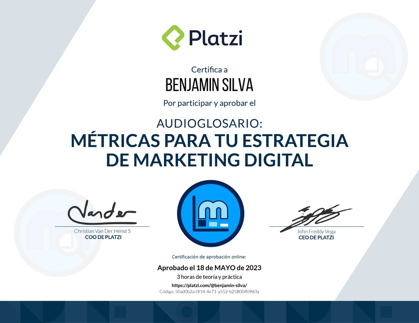 Diploma de Audioglosario Métricas para Marketing Digital