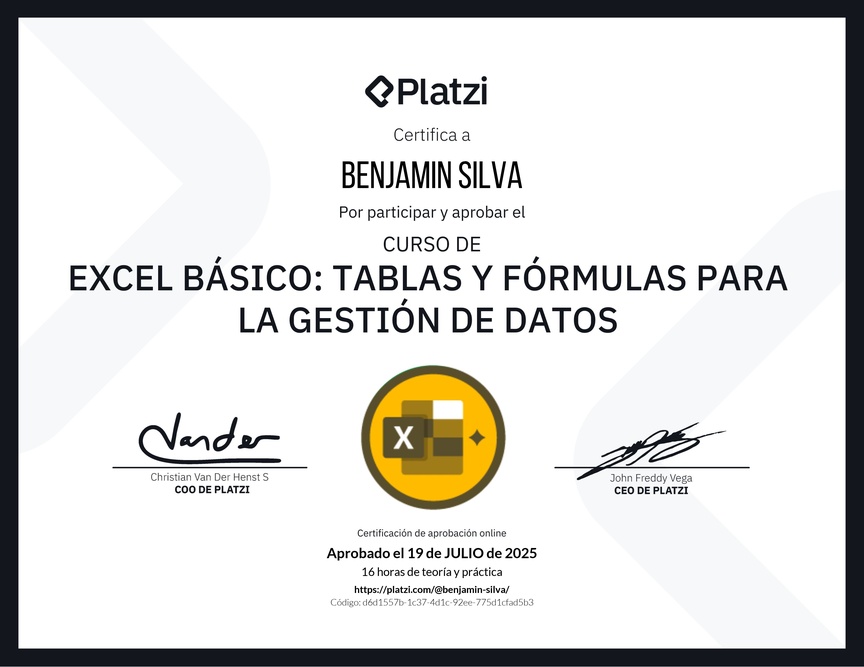 Diploma del Curso de Excel Básico: Tablas y Fórmulas para la Gestión de Datos