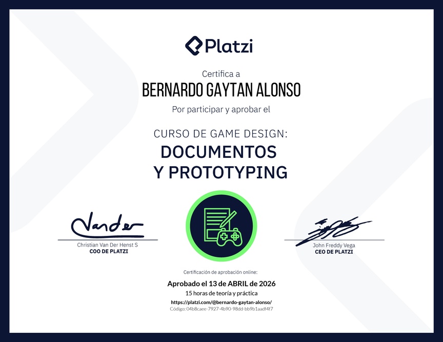 Diploma del Curso de Game Design: Documentos y Prototyping