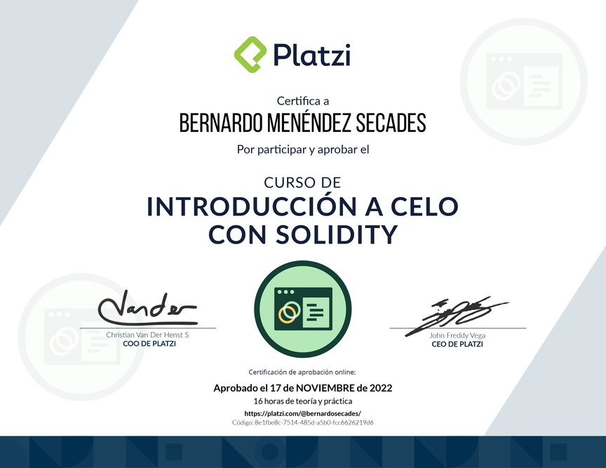 Diploma del Curso de Introducción a Celo con Solidity